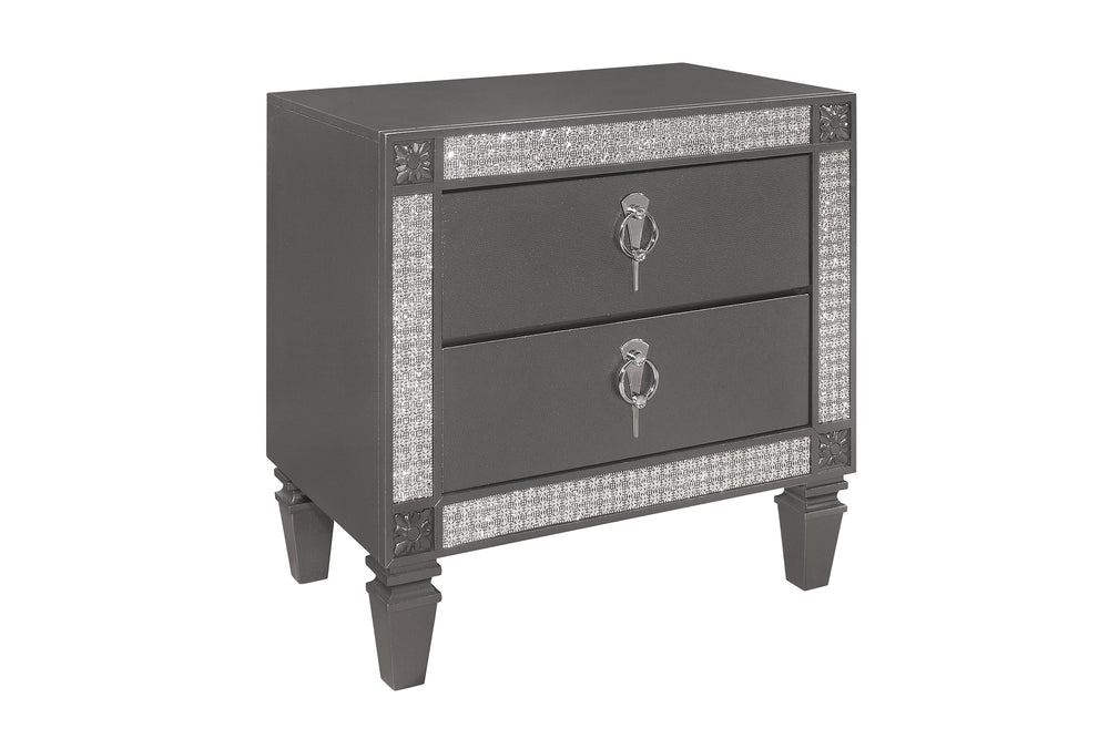 Grey, silver and jeweled nightstand of two drawers with silver handles on a white background.