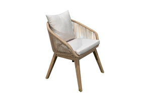 Woven, wooden and beige chair with white cushion and armrests on a white background