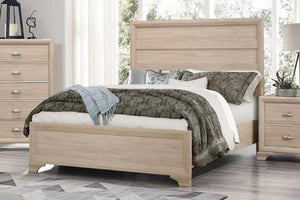 Beige wooden bed with white, green and blue bedding in a bedroom setting.