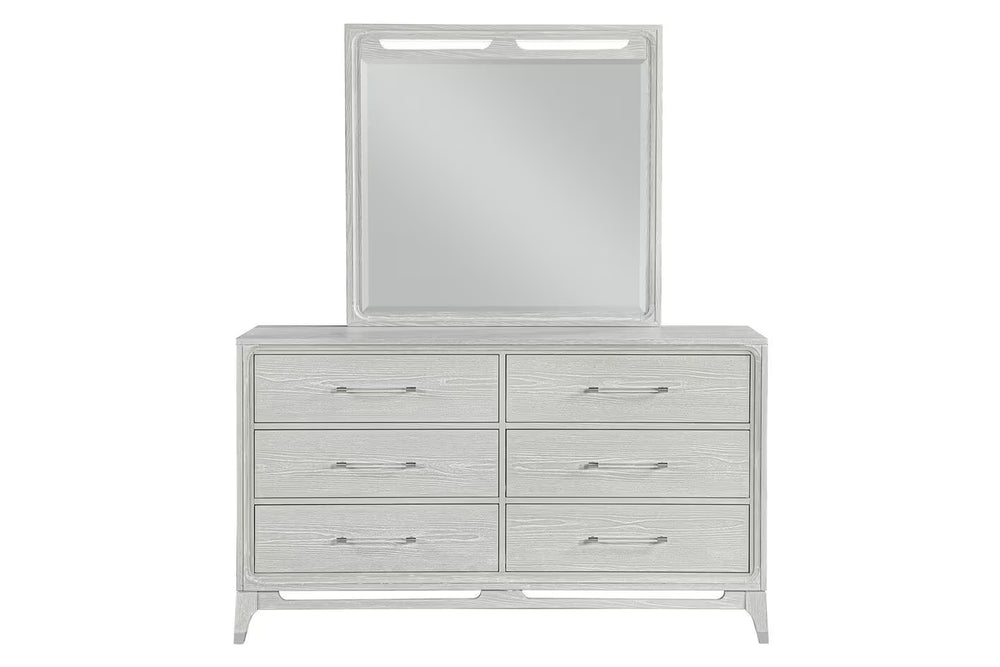White, textured wood dresser with mirror of six drawers with transparent handles on a white background.