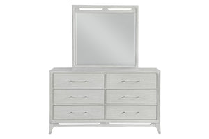 White, textured wood dresser with mirror of six drawers with transparent handles on a white background.