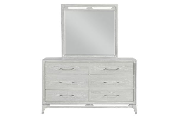 White, textured wood dresser with mirror of six drawers with transparent handles on a white background.