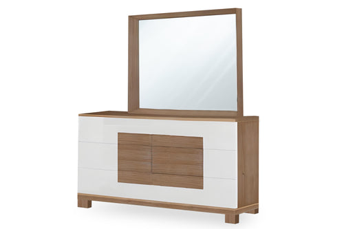 Wood, brown and white dresser with mirror of six drawers on a white background.