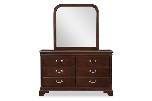 A dark brown, wooden dresser with mirror of six drawers on a white background.