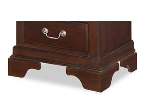 Closeup the lower portion of the dark brown, wooden nightstand of two drawers with silver handles on a white background.