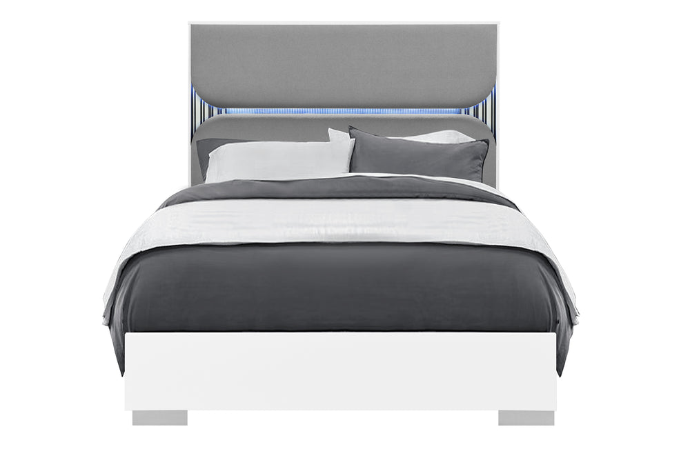 Modern king bed with gray headboard, LED lights, and grey and white bedding on a white background.