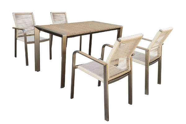 Beige outdoor furniture set with a table and four chairs on a white background