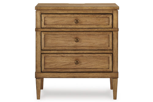 Front view of wooden nightstand with three drawers on a white background.