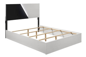 A white and black bed frame on a white background.
