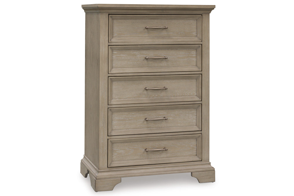 Rustic wooden dresser consisting of five drawers with light bronze handles on a white background.