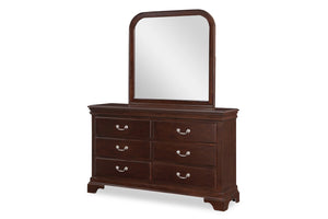 Dark brown dresser with mirror on a white background.
