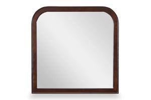Mirror with dark brown wood framing and soft curves on a white background.