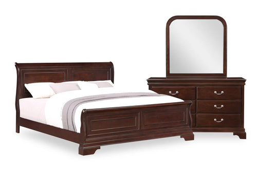 Dark brown, wooden furniture set featuring a bed with white bedding and a dresser with mirror on a white background.