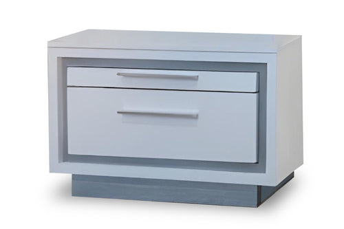 White and silver nightstand of two drawers on a white background.