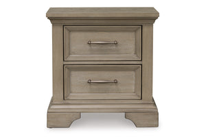 Front view of rustic, wooden nightstand with two light bronze drawers on a white background.