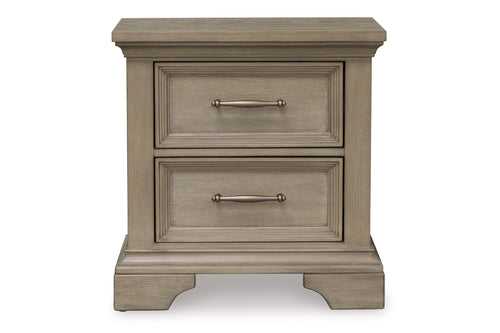 Front view of rustic, wooden nightstand with two light bronze drawers on a white background.