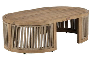 Wooden coffee table with wicker side panels on a white background