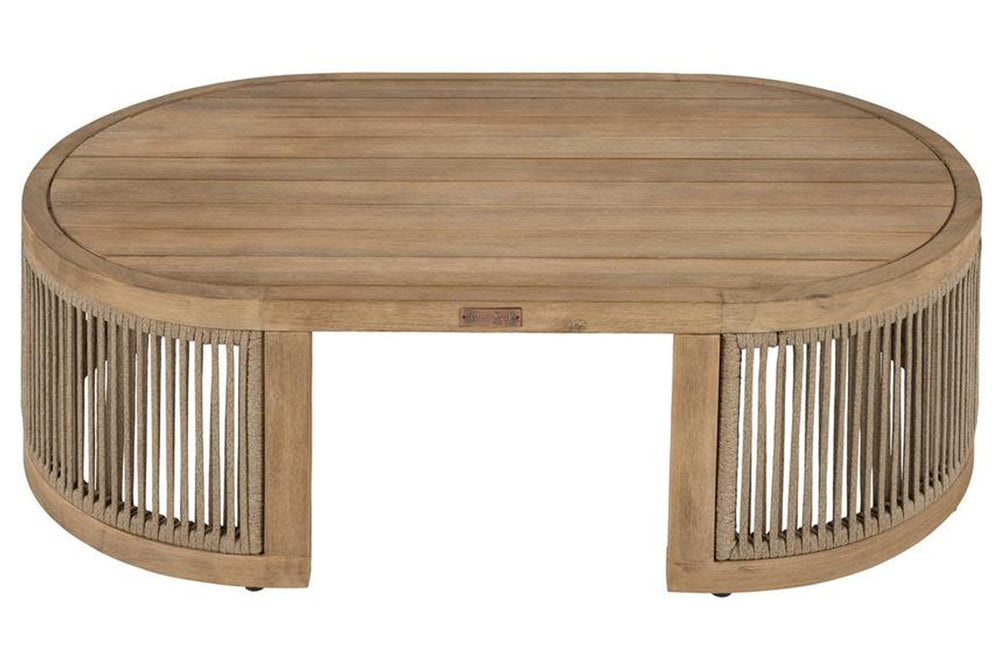 Round wooden coffee table with metal wireframe base on a white background