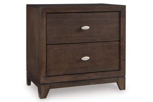 Dark brown, wood nightstand with two drawers on a white background.