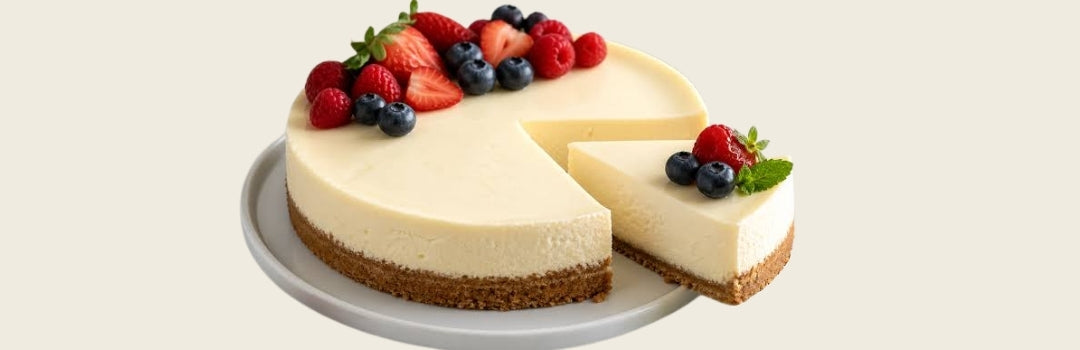 Cheesecake con frutas encima servido en un plato plano sobre un fondo crema.