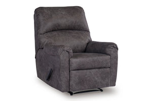 Butaca reclinable gris oscuro tapizada en tela suave, con respaldo alto acolchado, brazos redondeados, asiento amplio y palanca lateral, presentada sobre fondo blanco.
