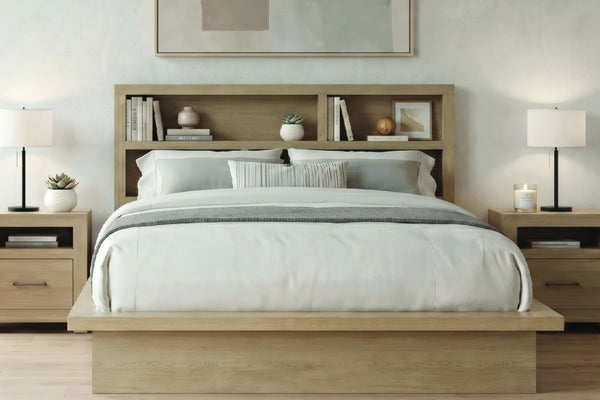 Cama con plataforma clara y cabecero con librería integrada, vestida con ropa de cama blanca y cojines grises, flanqueada por mesitas de noche a juego con lámparas en un dormitorio luminoso.