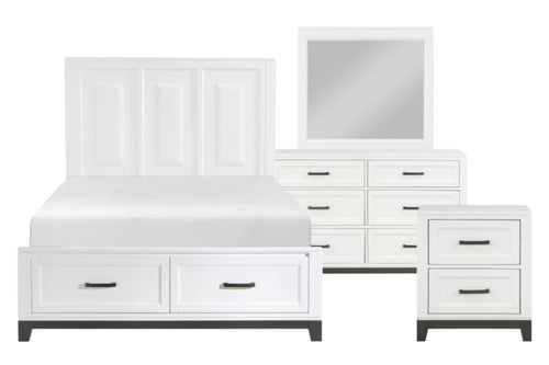 Conjunto de dormitorio blanco de madera compuesto por una cama, un gavetero con espejo y una mesita de noche sobre fondo blanco.