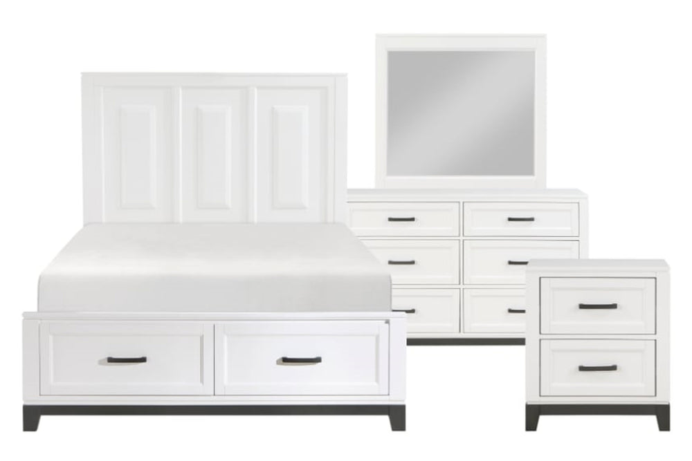 Juego de dormitorio blanco con cama, mesa de noche, gavetero, espejo y escritorio. La cama tiene gavetas inferiores y ropa de cama beige. Imagen promocional con mattress azul y texto que indica