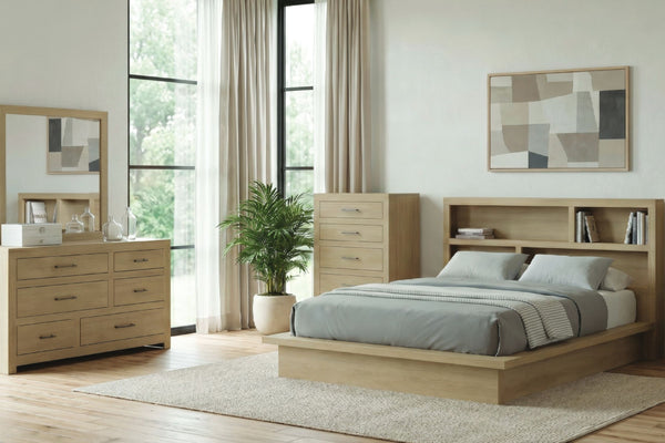 Un juego de habitación de madera de claro que incluye una cama con plataforma con repisa integrada en la cabecera, un gavetero a juego con espejo, un chest alto y una alfombra, decorado en un dormitorio luminoso y moderno.