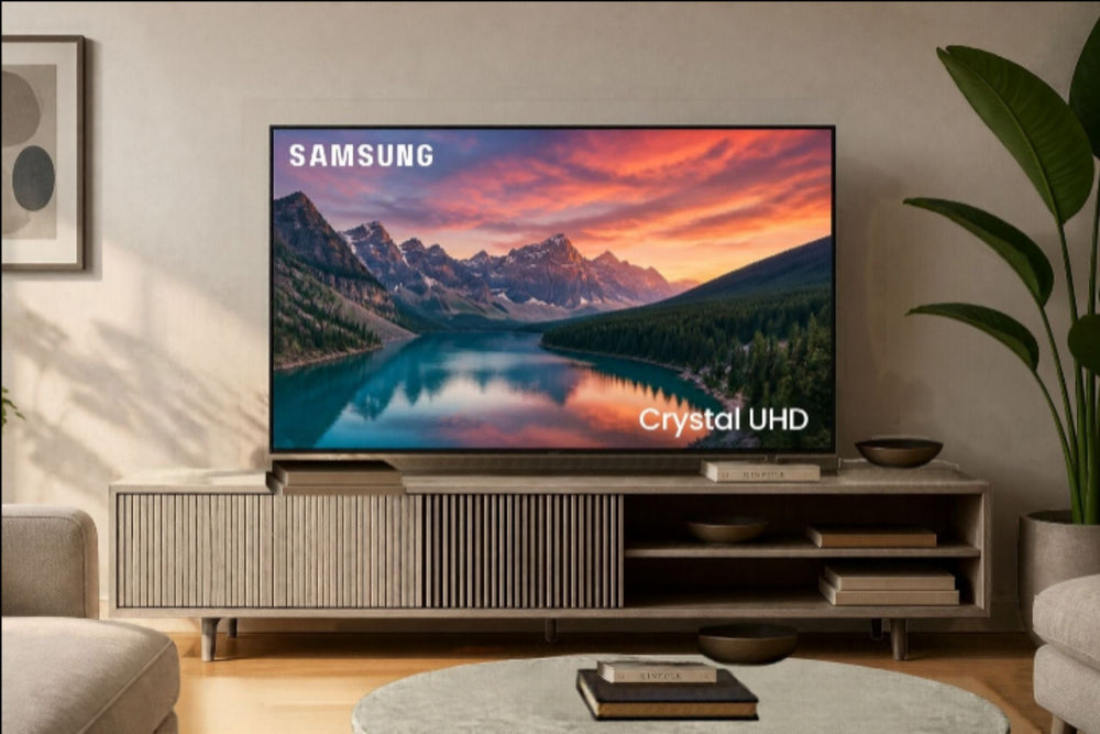Televisor Samsung Crystal UHD con un diseño abstracto azul en la pantalla.