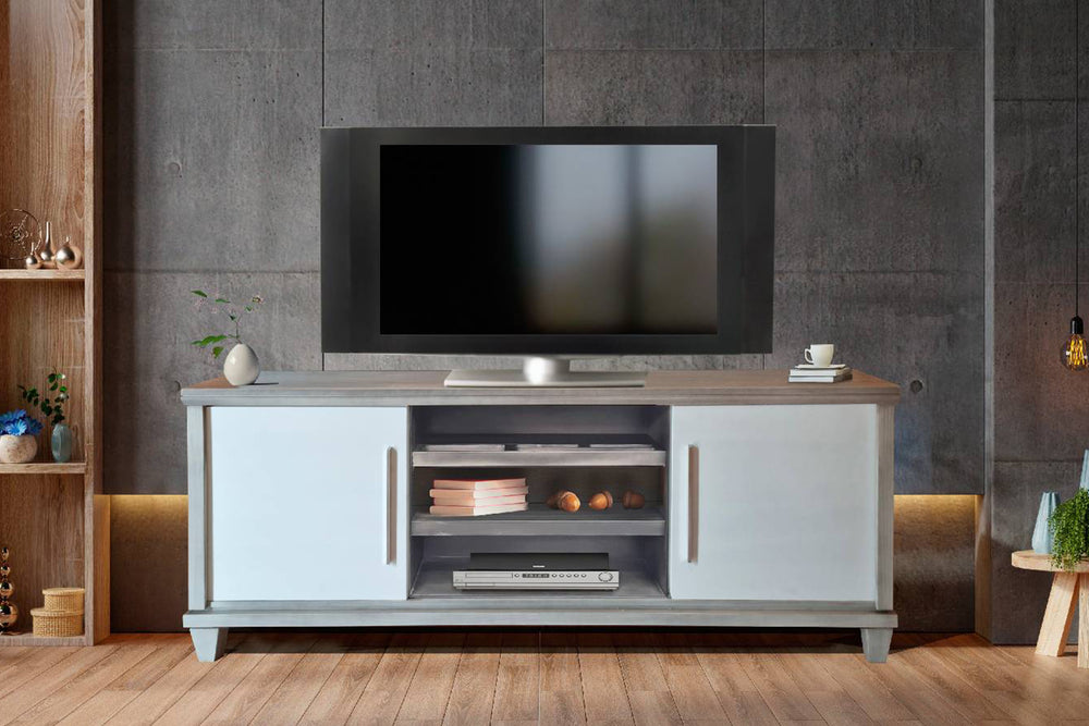 Consola de entretenimiento blanca y gris con tapa de madera sólida sobre fondo blanco