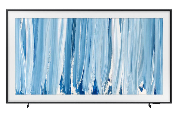 Un televisor o monitor de pantalla plana grande con un marco negro delgado y un bisel blanco, que muestra un patrón abstracto pintado en azul y blanco. La pantalla se muestra sobre un fondo blanco liso.