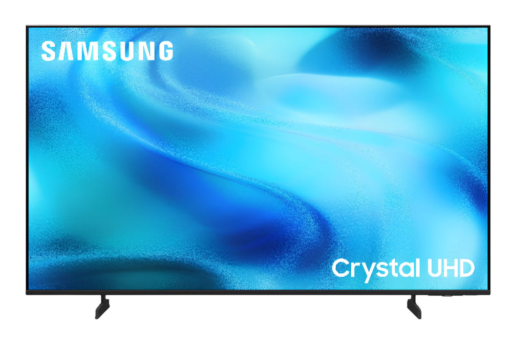 Televisor Samsung Crystal UHD con un diseño abstracto azul en la pantalla.