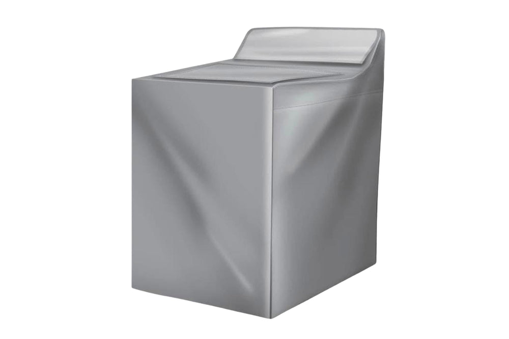 Funda protectora gris para lavadora con diseño rectangular y apertura superior para fácil acceso a los controles. Fabricada en material resistente para proteger el electrodoméstico del polvo, la humedad y el desgaste diario en fondo blanco.