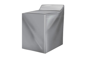 Funda protectora gris para lavadora con diseño rectangular y apertura superior para fácil acceso a los controles. Fabricada en material resistente para proteger el electrodoméstico del polvo, la humedad y el desgaste diario en fondo blanco.