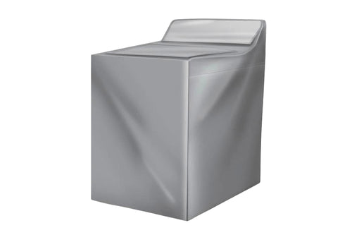 Funda protectora gris para lavadora con diseño rectangular y apertura superior para fácil acceso a los controles. Fabricada en material resistente para proteger el electrodoméstico del polvo, la humedad y el desgaste diario en fondo blanco.
