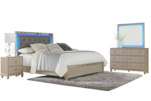 Juego de dormitorio con cama, mesita de noche, gavetero con espejo sobre fondo blanco.