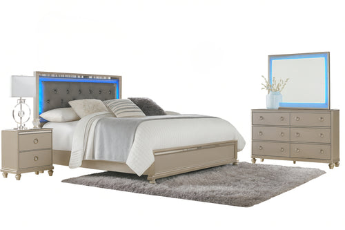 Juego de dormitorio con cama, mesita de noche, gavetero con espejo sobre fondo blanco.