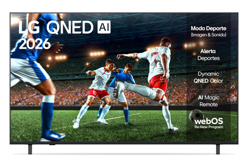 Televisor LG QNED AI que muestra un partido de fútbol con varias características destacadas.