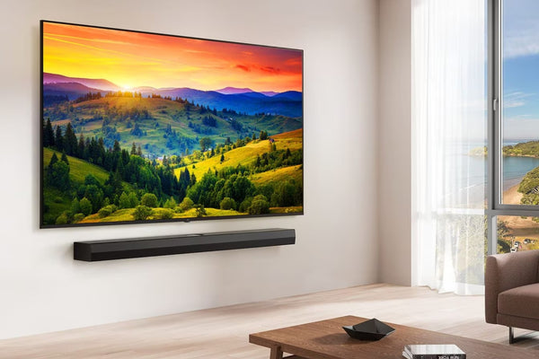 Televisor de pantalla plana montado en la pared sobre una barra de sonido negra. Muestra un paisaje de montañas y colinas al atardecer. La escena se encuentra en una sala moderna con ventanal amplio y vista al exterior.