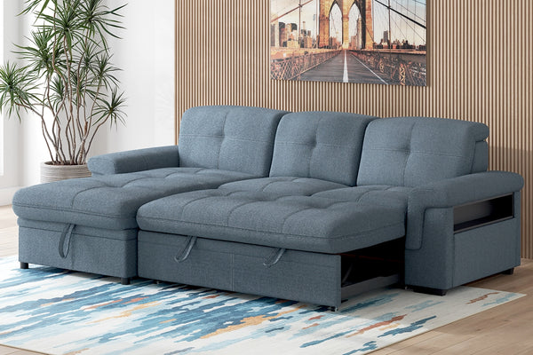 Seccional azul con gavetas de almacenamiento en un ambiente de sala de estar.