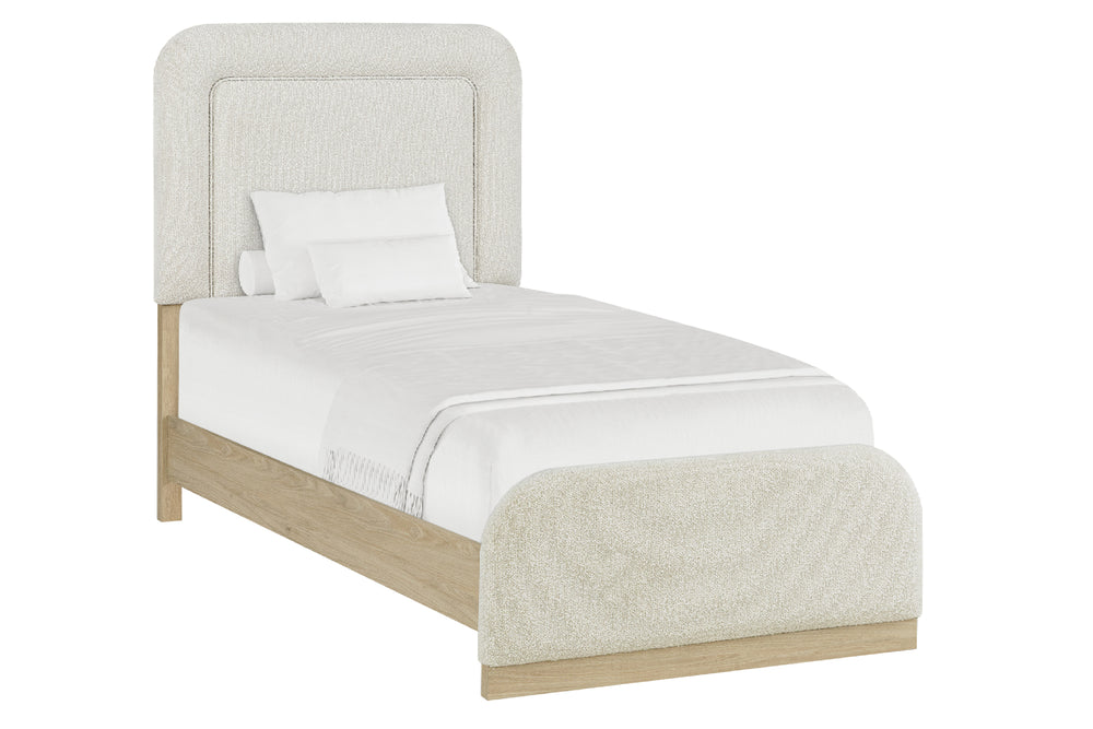Cama twin con ropa de cama blanca y estructura de madera clara sobre fondo blanco.