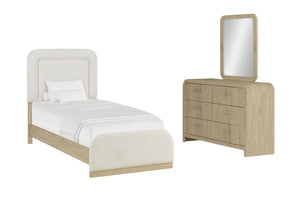 Conjunto de muebles de dormitorio color beige con cama y gavetero con espejo sobre fondo blanco.