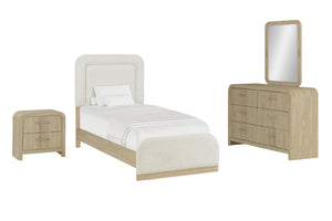 Conjunto de muebles de dormitorio color beige con cama, mesita de noche y gavetero con espejo sobre fondo blanco.