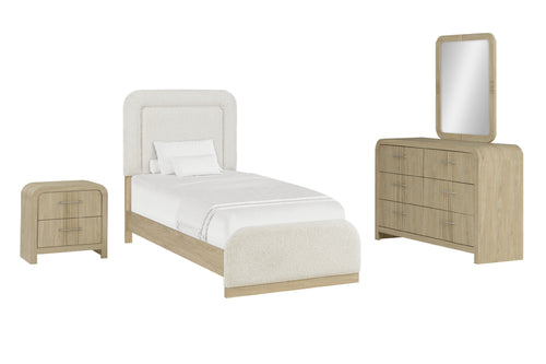 Conjunto de muebles de dormitorio color beige con cama, mesita de noche y gavetero con espejo sobre fondo blanco.