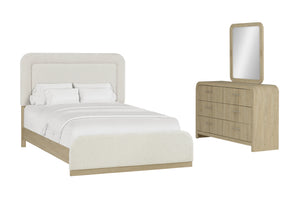 Conjunto de muebles de dormitorio color beige con cama y gavetero con espejo sobre fondo blanco.