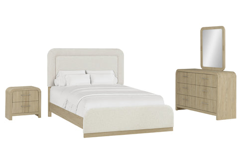 Conjunto de muebles de dormitorio color beige con cama, mesita de noche y gavetero con espejo sobre fondo blanco.