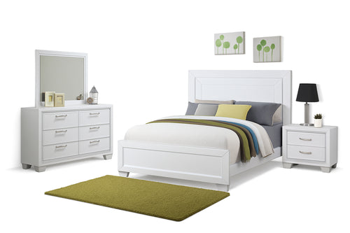 Conjunto de muebles de dormitorio blancos con cama, gavetero con espejo y mesitas de noche sobre un fondo blanco.