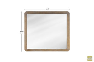 Espejo de pared cuadrado con marco de madera natural, con líneas de dimensión que indican un ancho de 44 pulgadas y una altura de 39.4 pulgadas, sobre un fondo blanco liso.