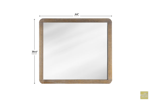 Espejo de pared cuadrado con marco de madera natural, con líneas de dimensión que indican un ancho de 44 pulgadas y una altura de 39.4 pulgadas, sobre un fondo blanco liso.